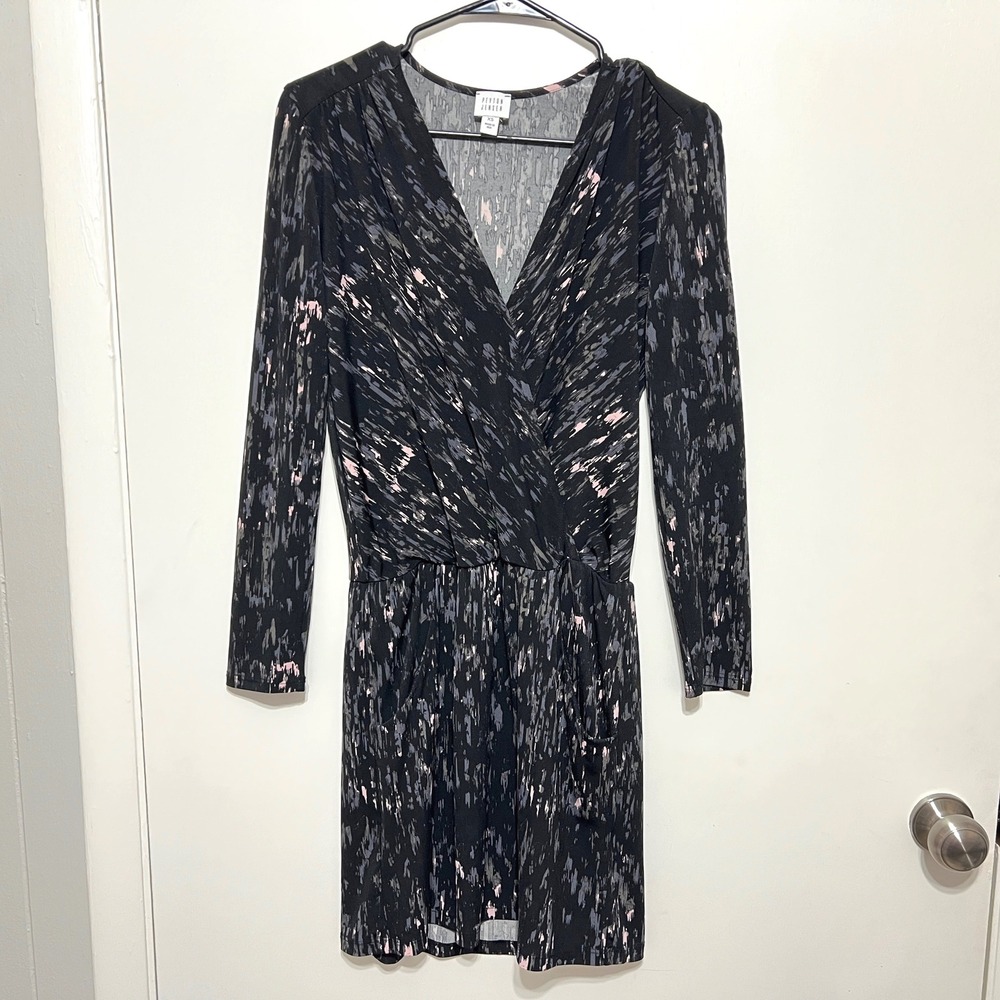Peyton Jensen Womens Black Abstract Long Sleeve Faux Wrap Dress XS Pockets